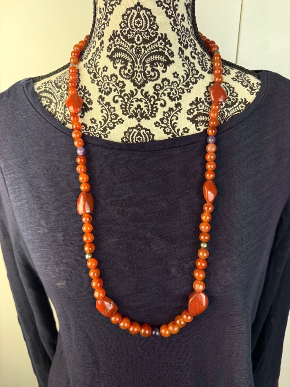 Handcrafted Orange carnelian jasper amethyst Bead Long Necklace - Women Jewelry